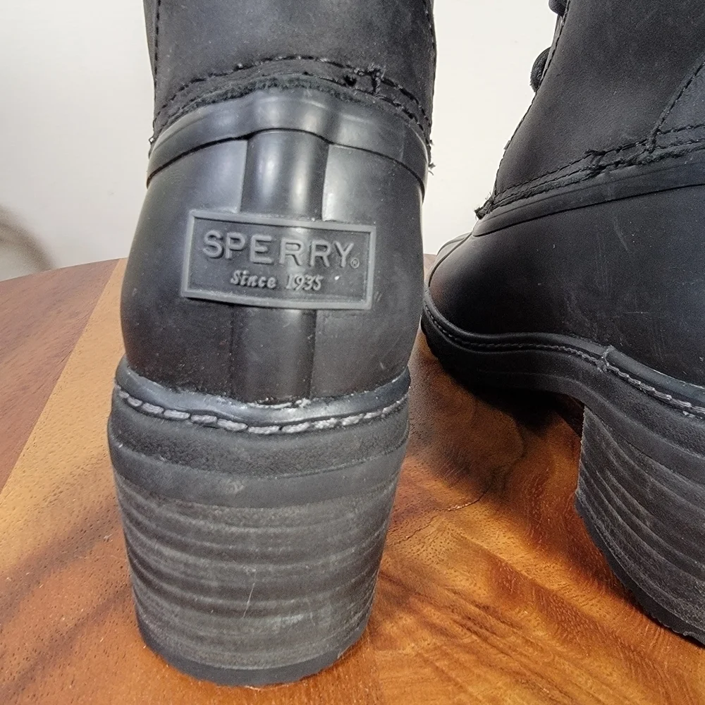 Sperry Saltwater Heel Rain Boots Women's Black Leather Lace-Up Duck Boot Size 5
